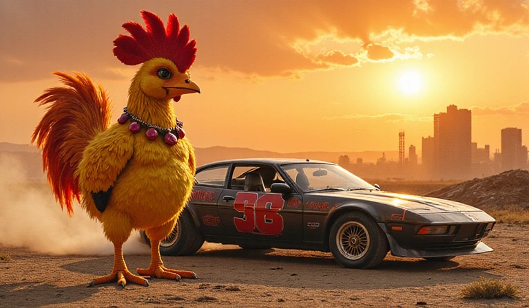 Arte conceptual de un personaje de gallina con su vehículo personalizado.