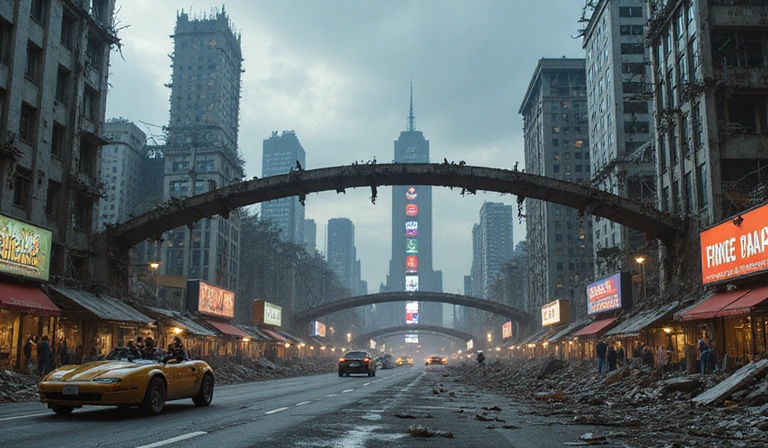 Arte conceptual de una ciudad en ruinas utilizada como pista de carreras.