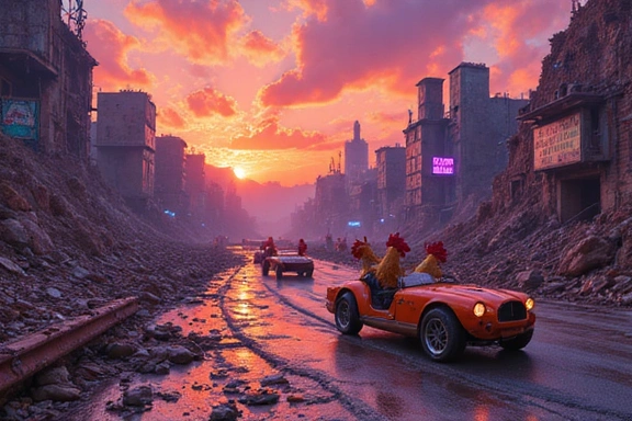 Arte conceptual de una pista de carreras post-apocalíptica con gallinas compitiendo.