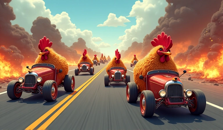 Captura de pantalla de una carrera intensa con múltiples gallinas y explosiones.