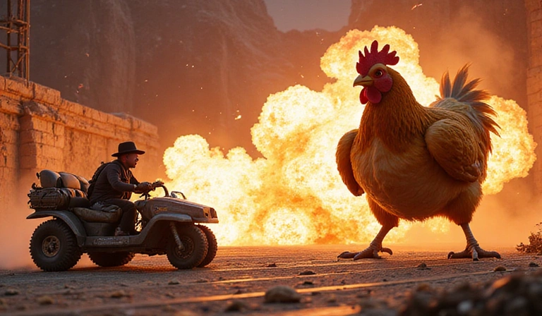 Captura de pantalla de una batalla de jefe con una gallina gigante o un vehículo monstruoso.