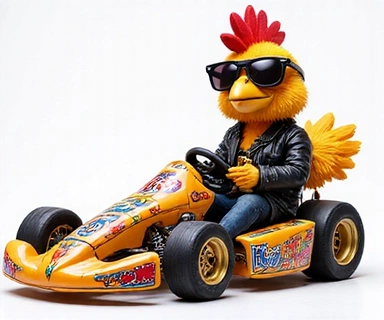 Gallina corredora personalizada con accesorios únicos.