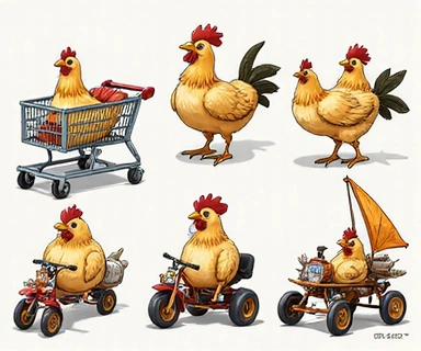 Variedad de vehículos improvisados para gallinas.