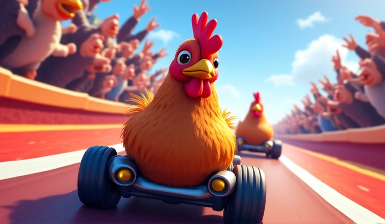 Imagen de un torneo de esports de Nueeslim con gallinas compitiendo en una pista