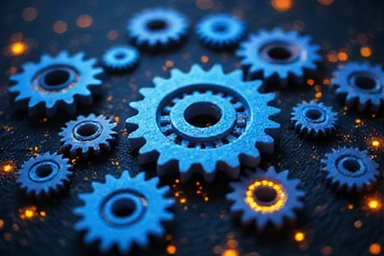 Engranajes digitales interconectados, simbolizando la funcionalidad esencial de las cookies técnicas.