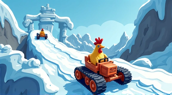 Imagen de un pollo de carreras en una pista helada con vehículos con orugas