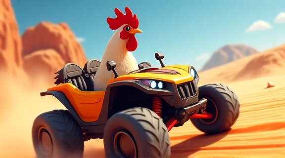 Imagen de un vehículo todoterreno de pollo corriendo en un desierto