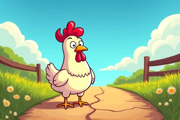 Personaje de pollo confundido en un camino rural