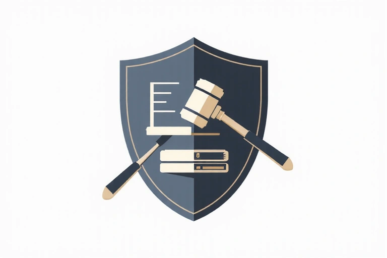 A shield icon with legal gavel and documents, symbolizing protection and legal terms.